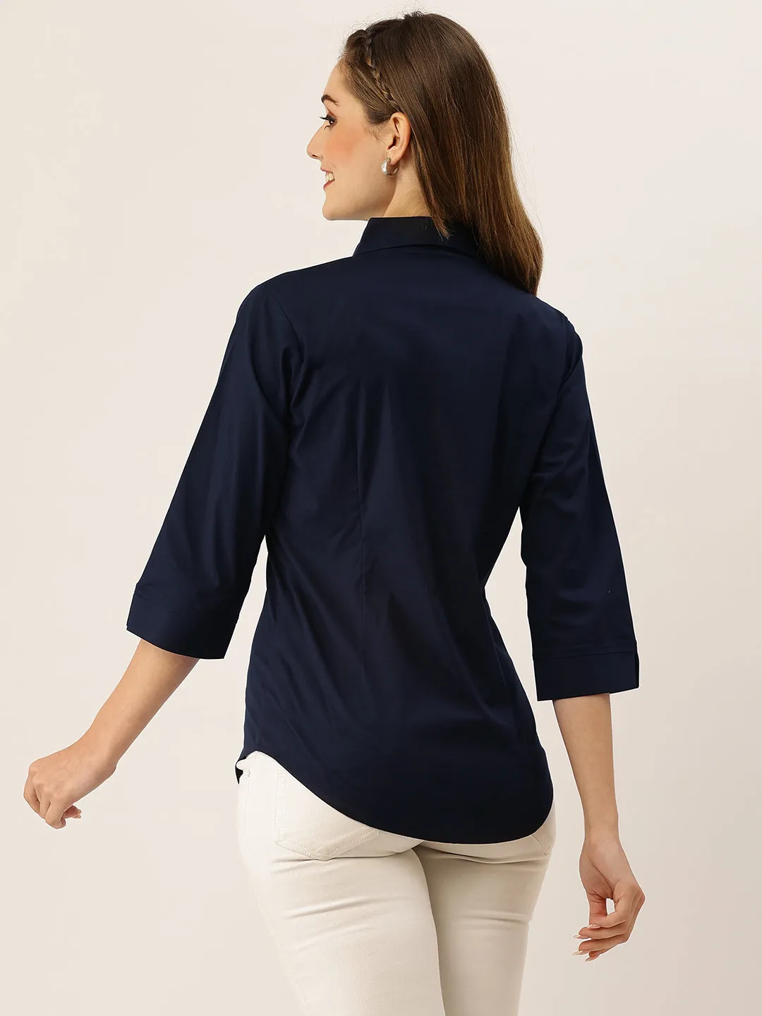 Zola Navy Blue Cotton Shirt Collar 3/4th Sleeves Formal Wear Shirt For Women