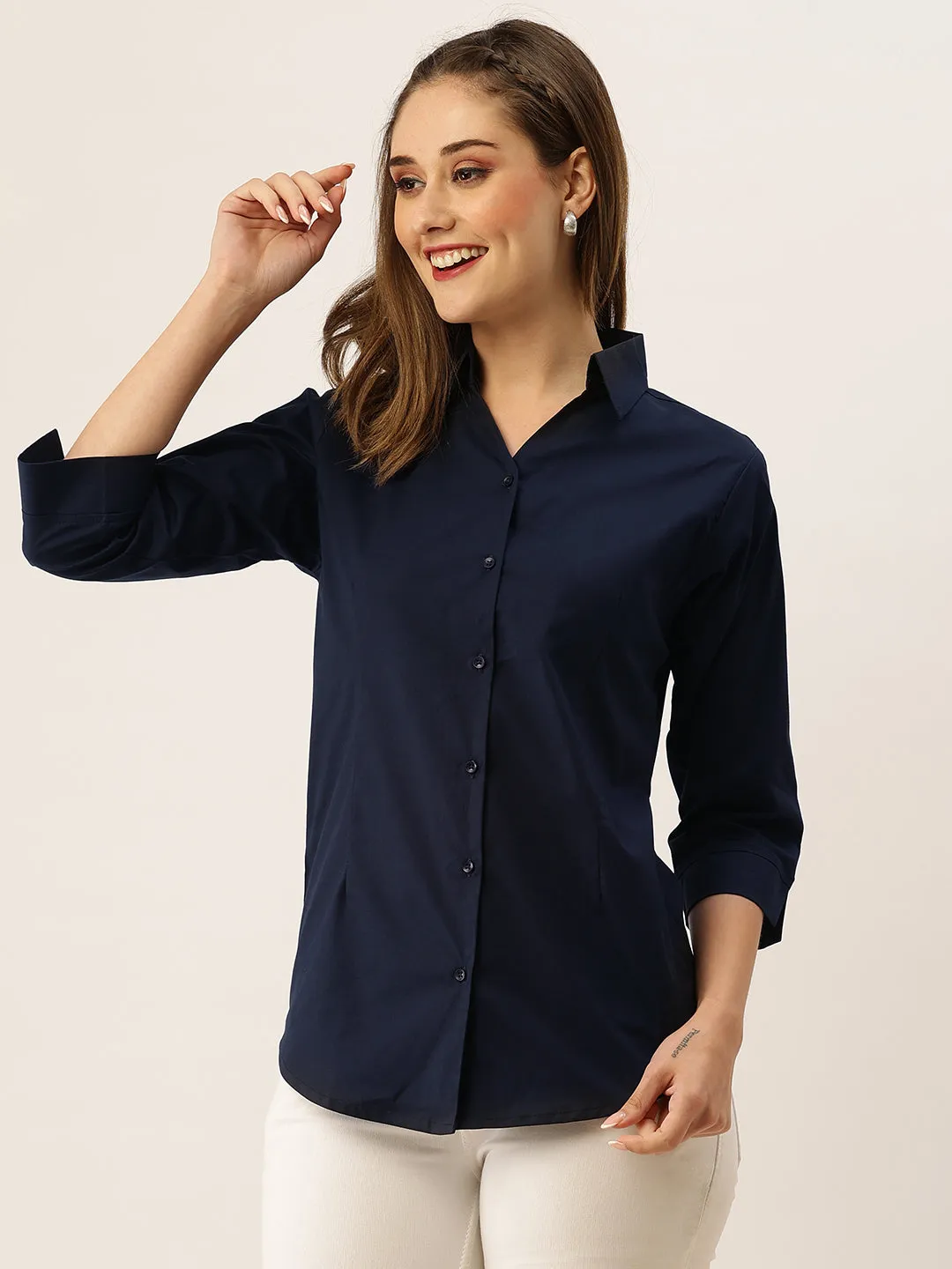 Zola Navy Blue Cotton Shirt Collar 3/4th Sleeves Formal Wear Shirt For Women
