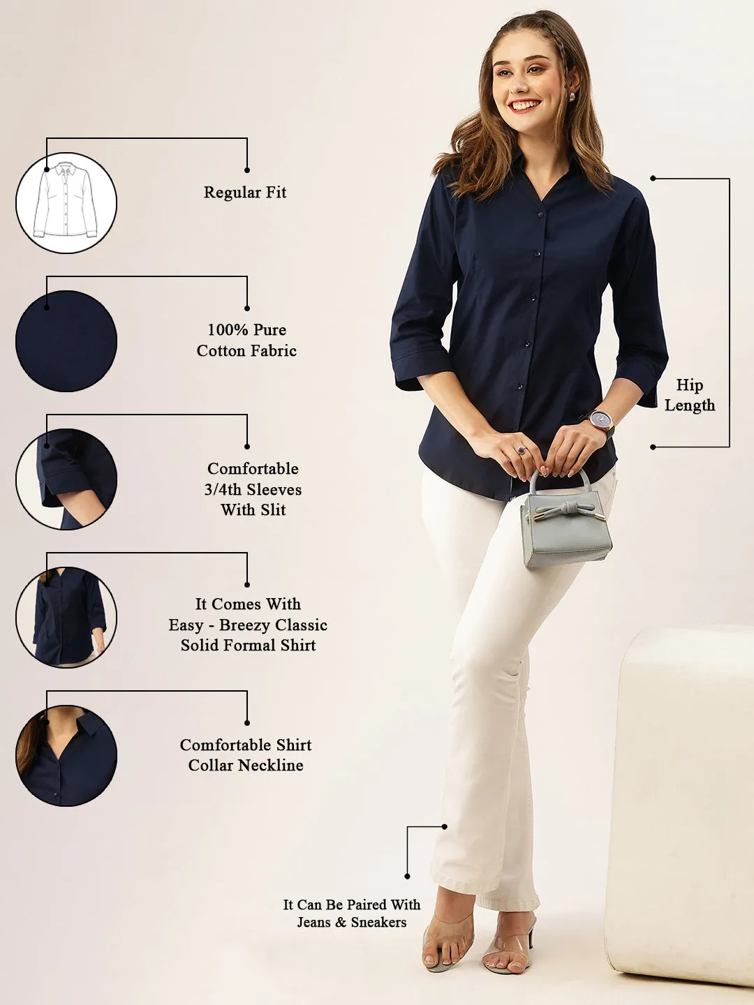 Zola Navy Blue Cotton Shirt Collar 3/4th Sleeves Formal Wear Shirt For Women
