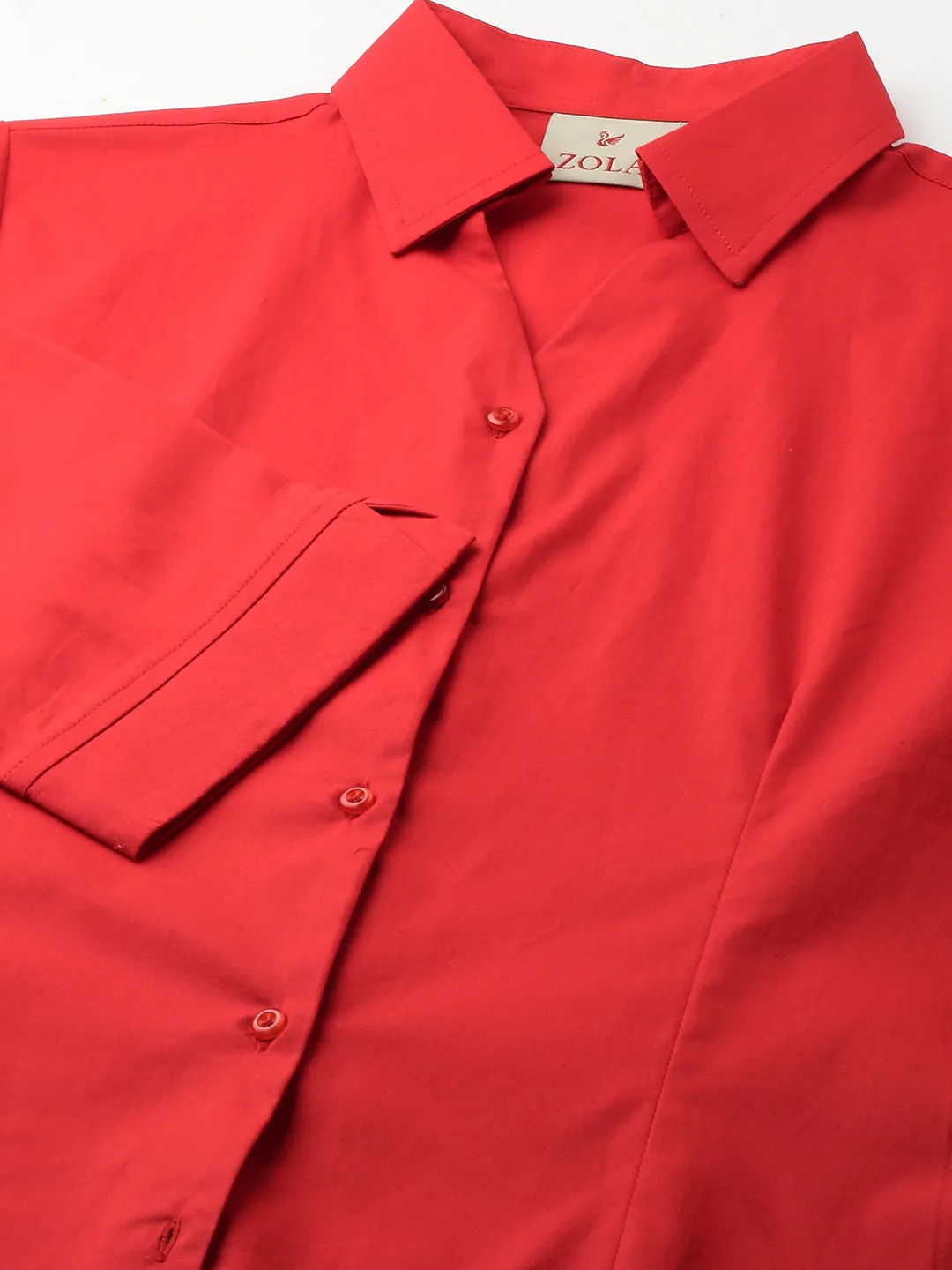 Zola Red Cotton Shirt Collar 3/4th Sleeves Formal Wear Shirt For Women
