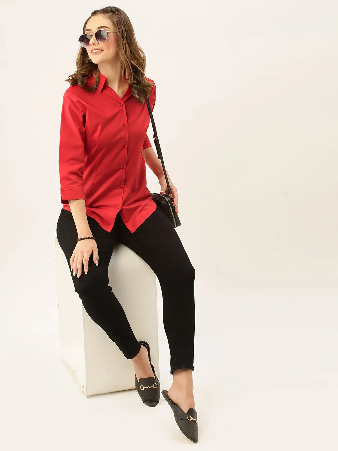 Zola Red Cotton Shirt Collar 3/4th Sleeves Formal Wear Shirt For Women