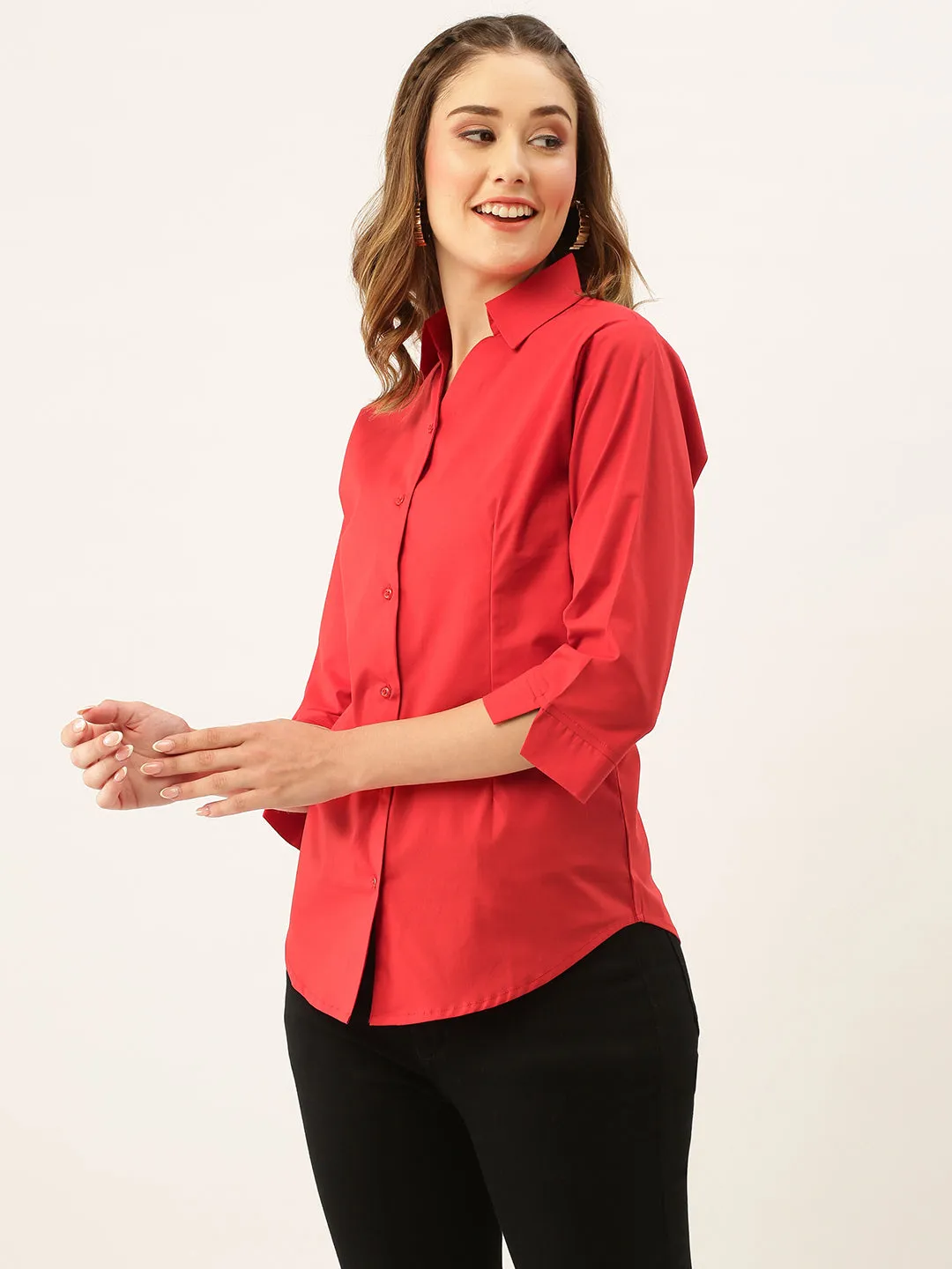 Zola Red Cotton Shirt Collar 3/4th Sleeves Formal Wear Shirt For Women