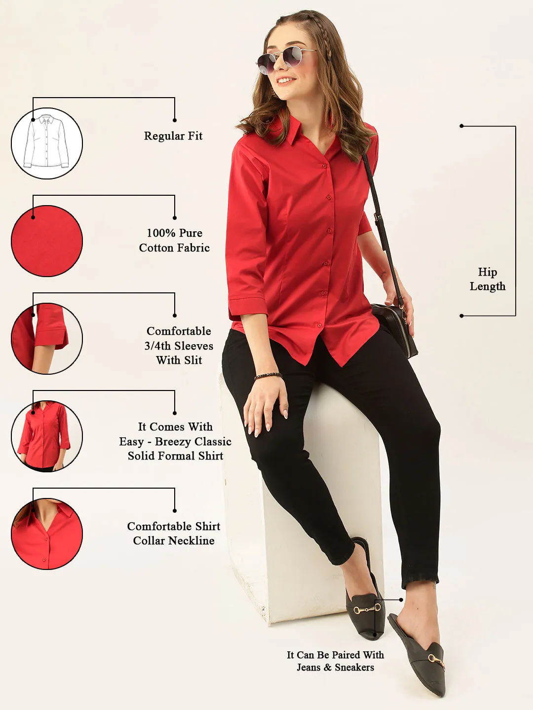 Zola Red Cotton Shirt Collar 3/4th Sleeves Formal Wear Shirt For Women