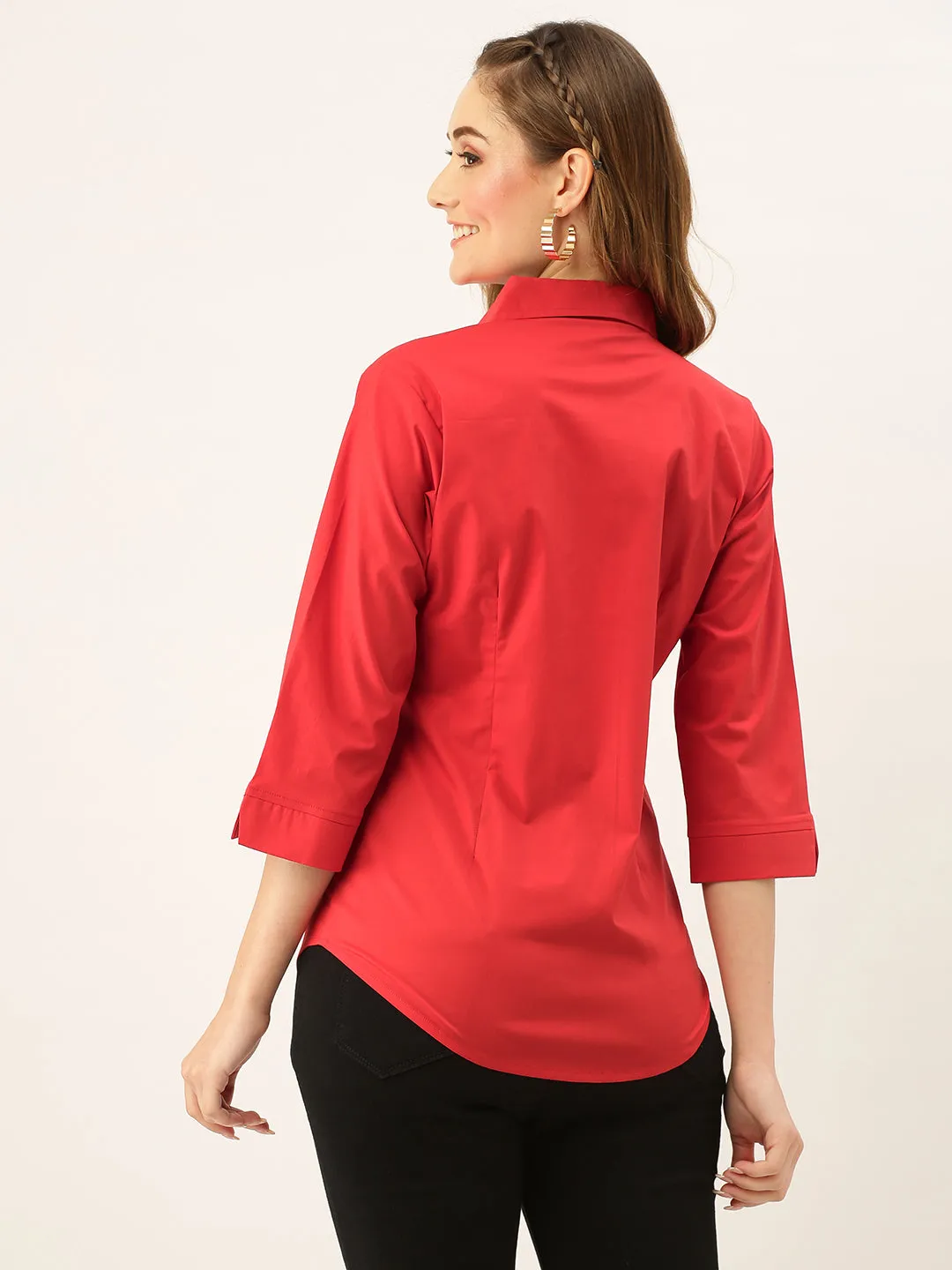 Zola Red Cotton Shirt Collar 3/4th Sleeves Formal Wear Shirt For Women