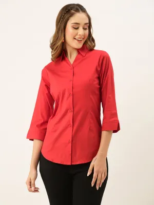 Zola Red Cotton Shirt Collar 3/4th Sleeves Formal Wear Shirt For Women
