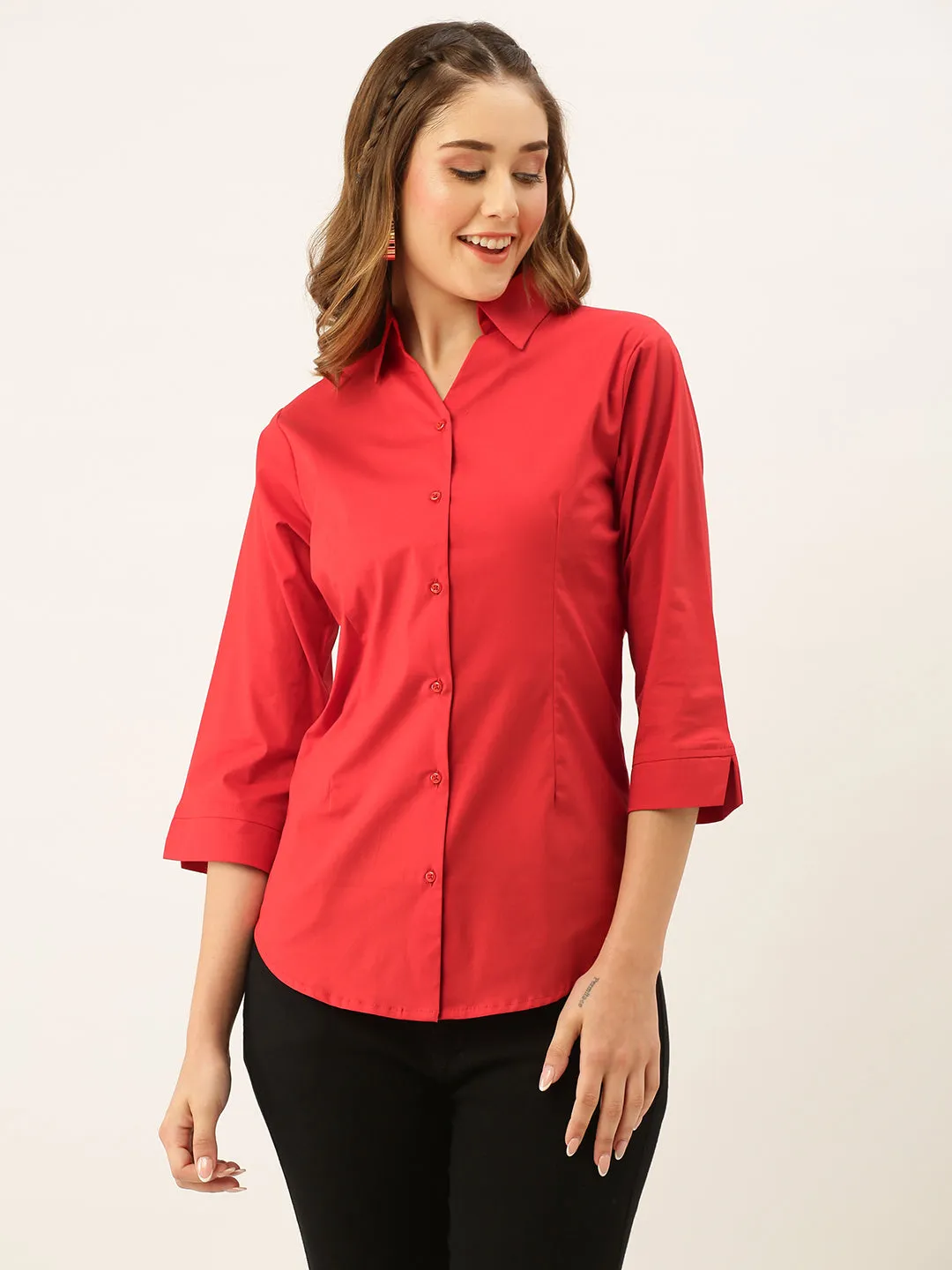 Zola Red Cotton Shirt Collar 3/4th Sleeves Formal Wear Shirt For Women