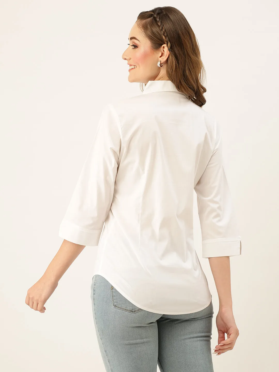 Zola White Cotton Shirt Collar 3/4th Sleeves Formal Wear Shirt For Women