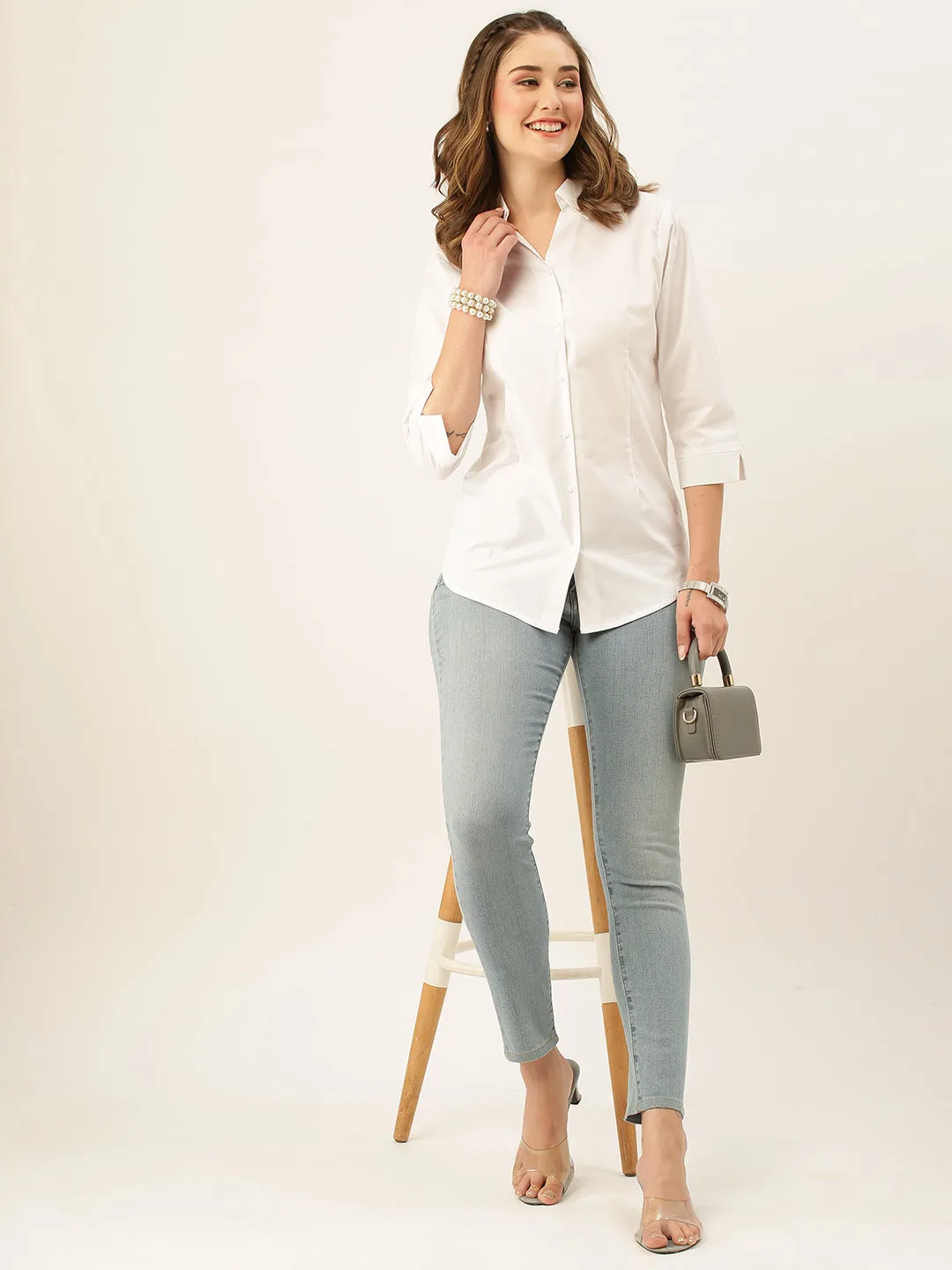 Zola White Cotton Shirt Collar 3/4th Sleeves Formal Wear Shirt For Women