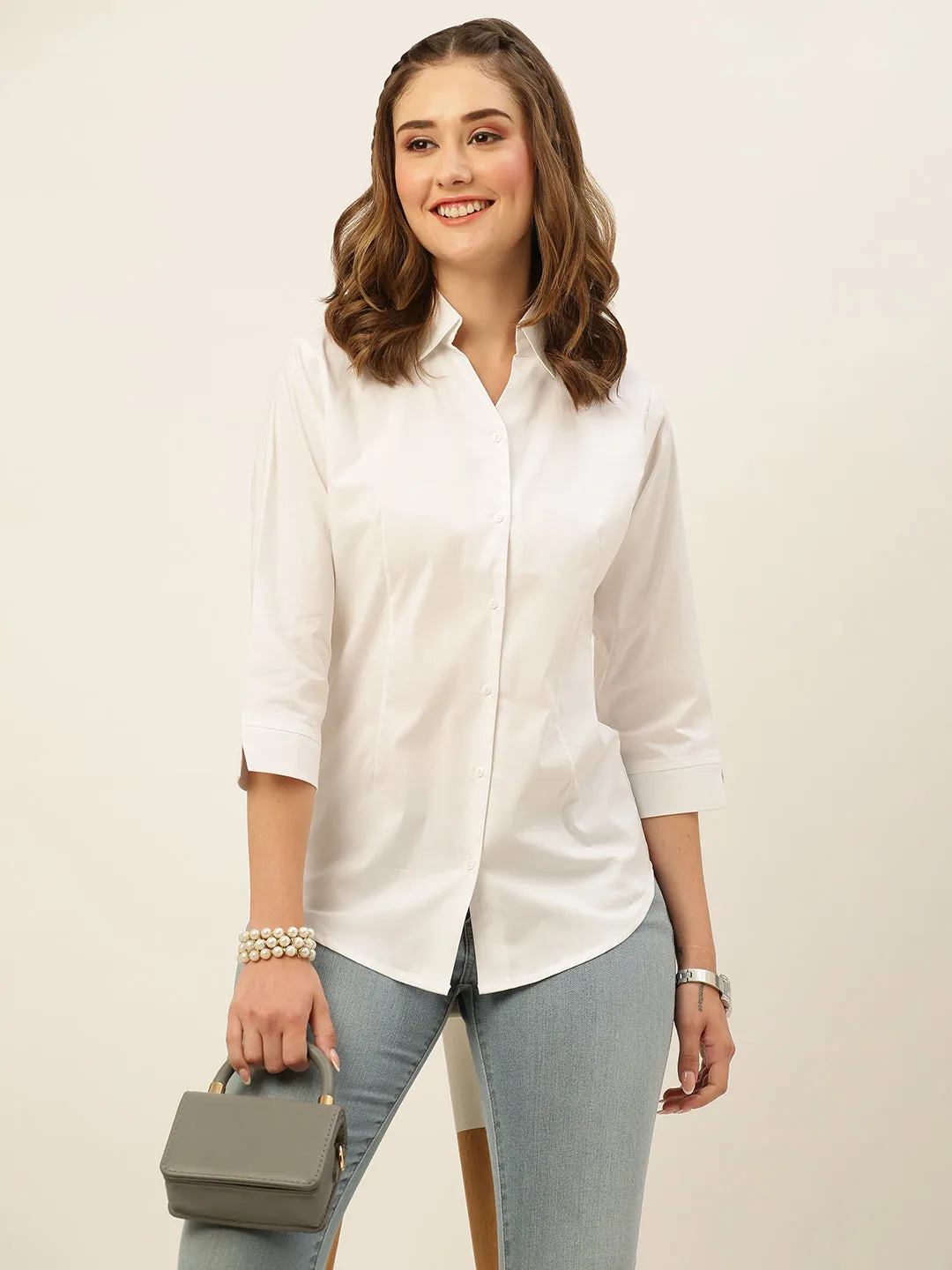 Zola White Cotton Shirt Collar 3/4th Sleeves Formal Wear Shirt For Women
