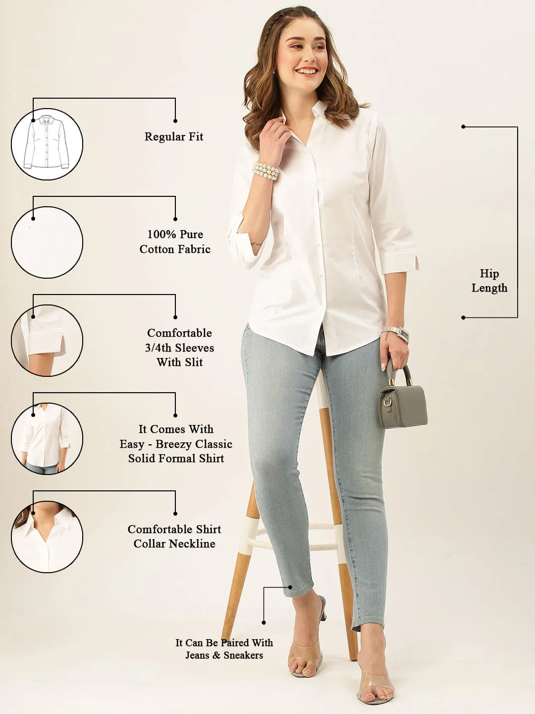 Zola White Cotton Shirt Collar 3/4th Sleeves Formal Wear Shirt For Women